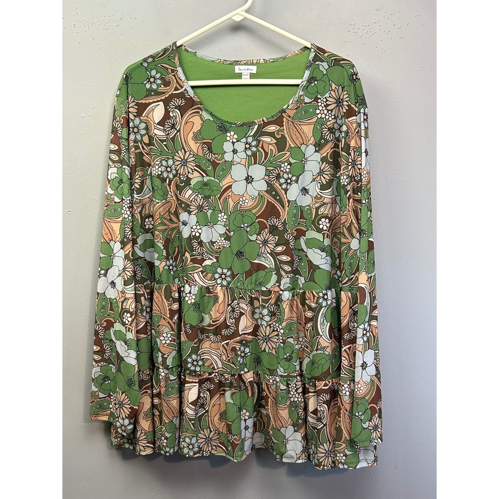 Lovefire Tunic Top Women 4X Green Floral Paisley Retro Tiered Long Sleeve‎ Boho